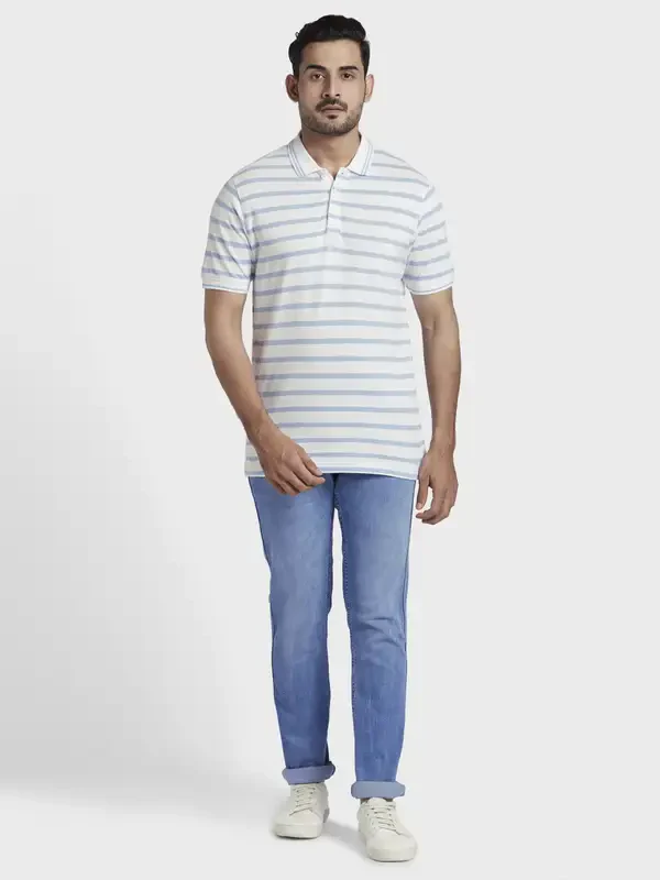 Men White Slim Fit Print Cotton Half Sleeve Polo T-Shirt - Image 5