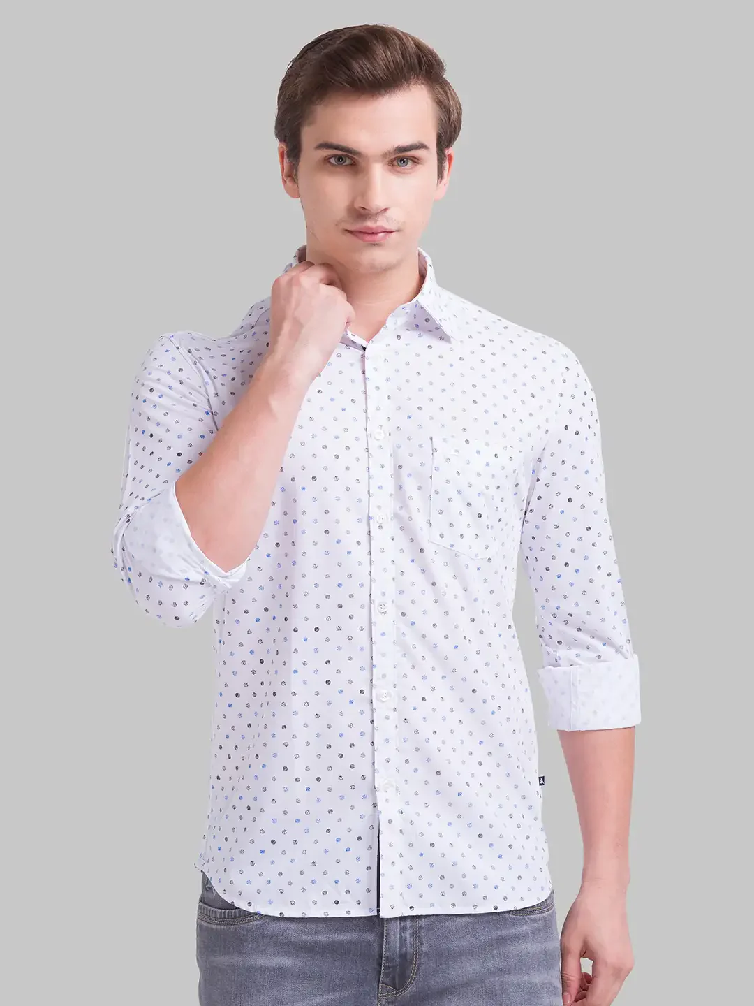 Men White Slim Fit Print Polyester Blend Full Sleeve Shirts