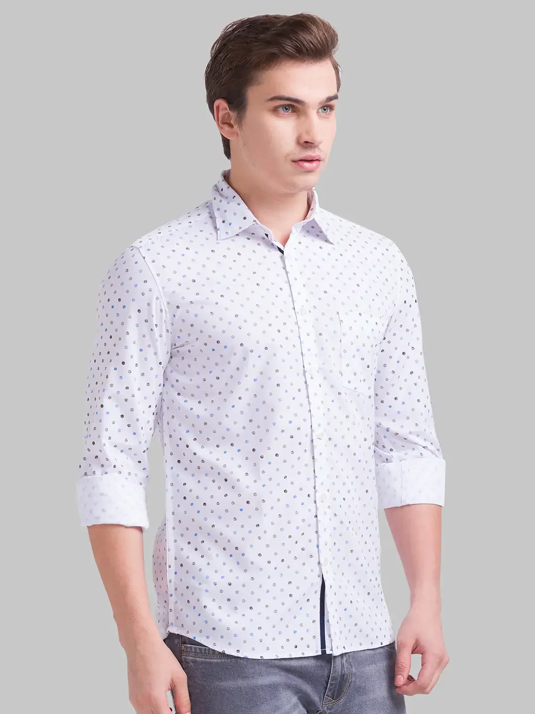 Men White Slim Fit Print Polyester Blend Full Sleeve Shirts - Image 2