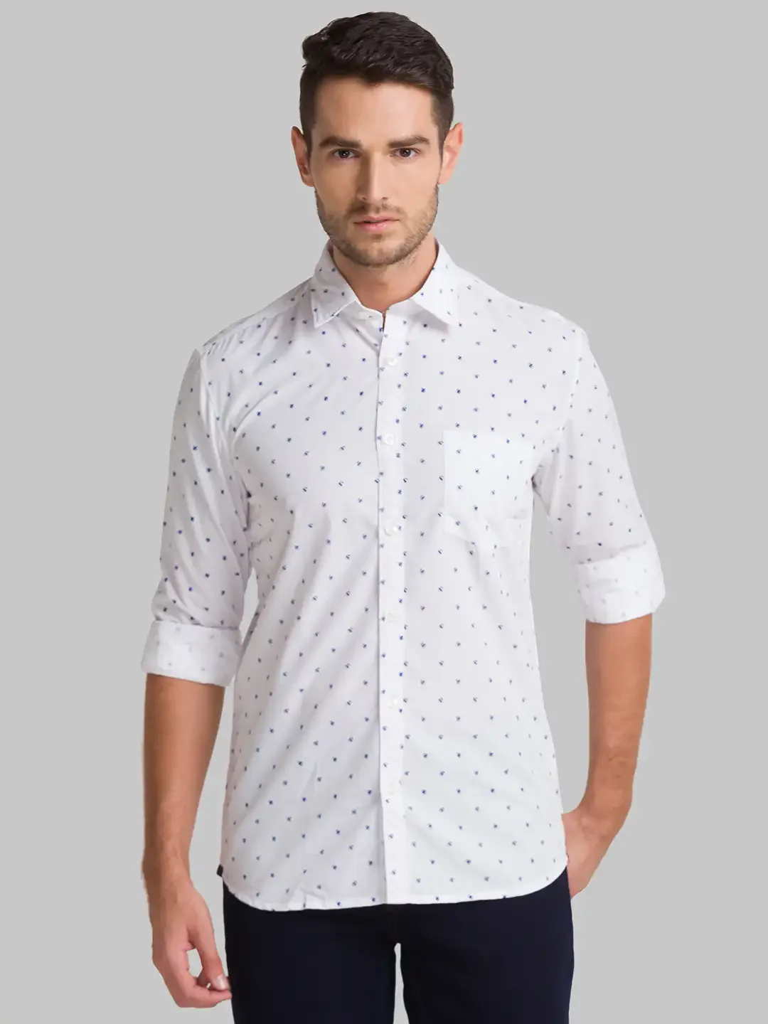 Men White Slim Fit Print Polyester Blend Full Sleeve Shirts