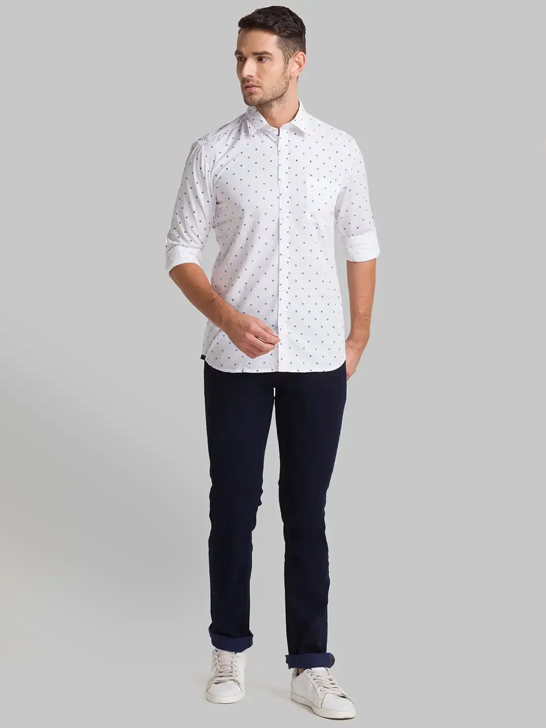 Men White Slim Fit Print Polyester Blend Full Sleeve Shirts - Image 5