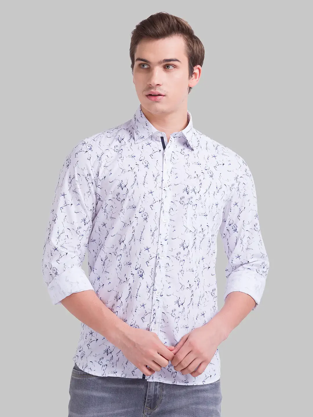 Men White Slim Fit Print Polyester Blend Full Sleeve Shirts