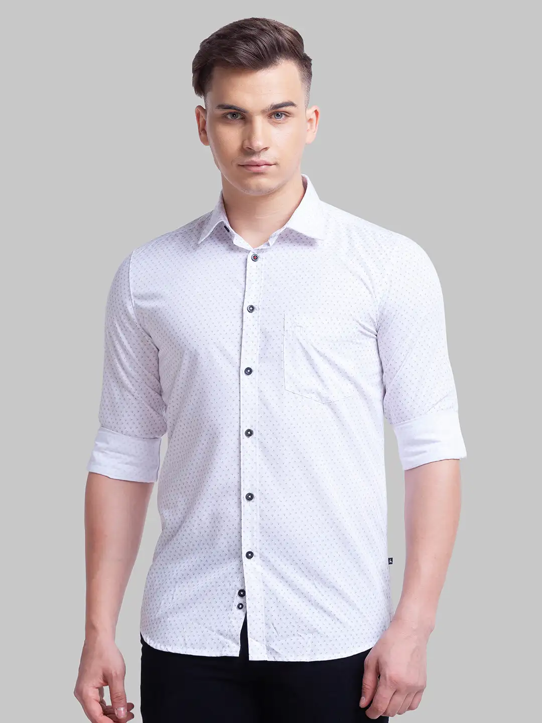 Men White Slim Fit Print Polyester Blend Full Sleeve Shirts