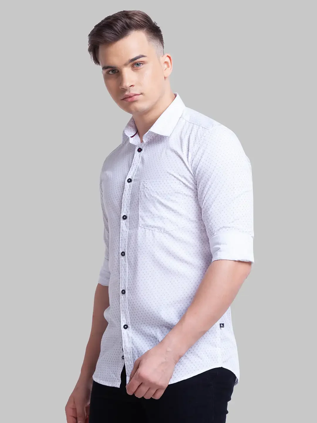 Men White Slim Fit Print Polyester Blend Full Sleeve Shirts - Image 3