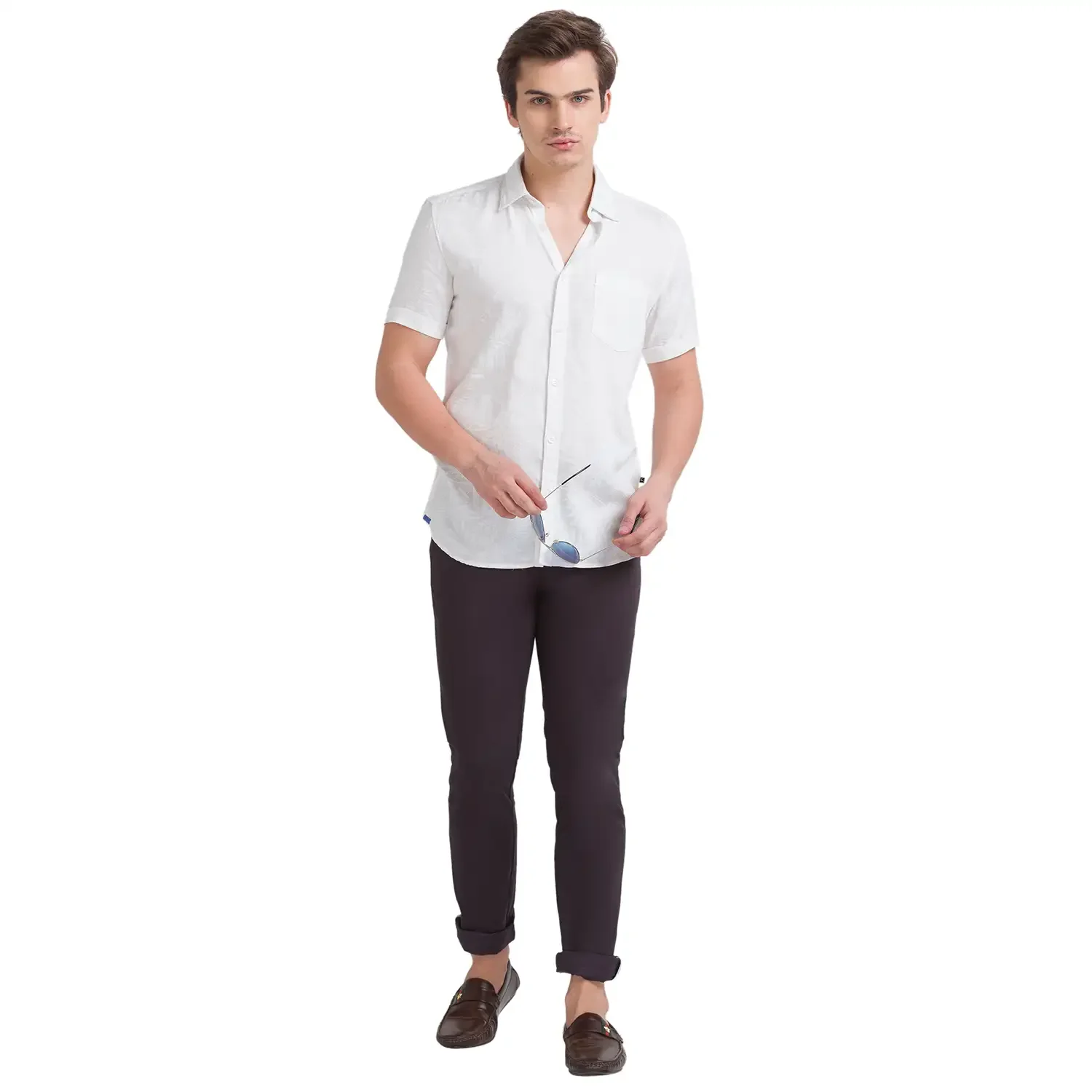 Men White Slim Fit Print Tencel Half Sleeve Shirts - Image 5