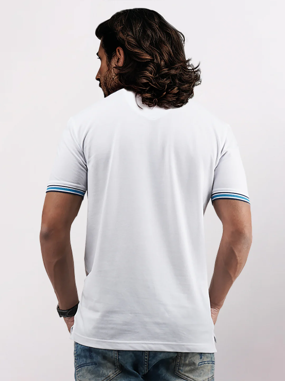 Men White Slim Fit Solid Cotton Polyester Blend Round Neck Collar Polo T-Shirt - Image 3
