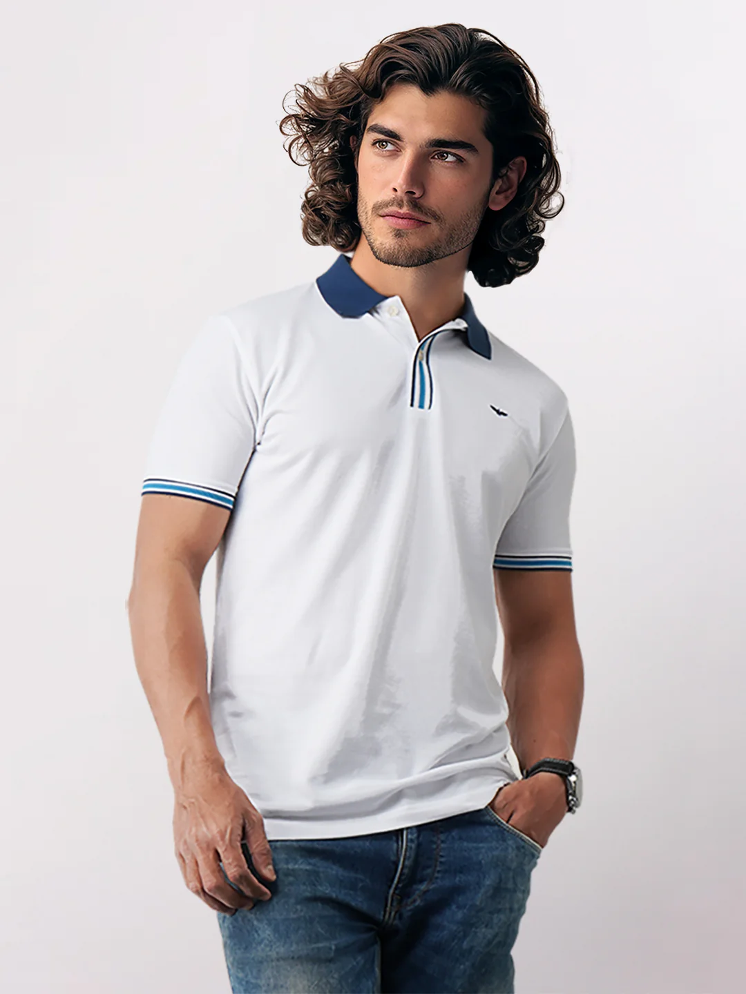Men White Slim Fit Solid Cotton Polyester Blend Round Neck Collar Polo T-Shirt - Image 4