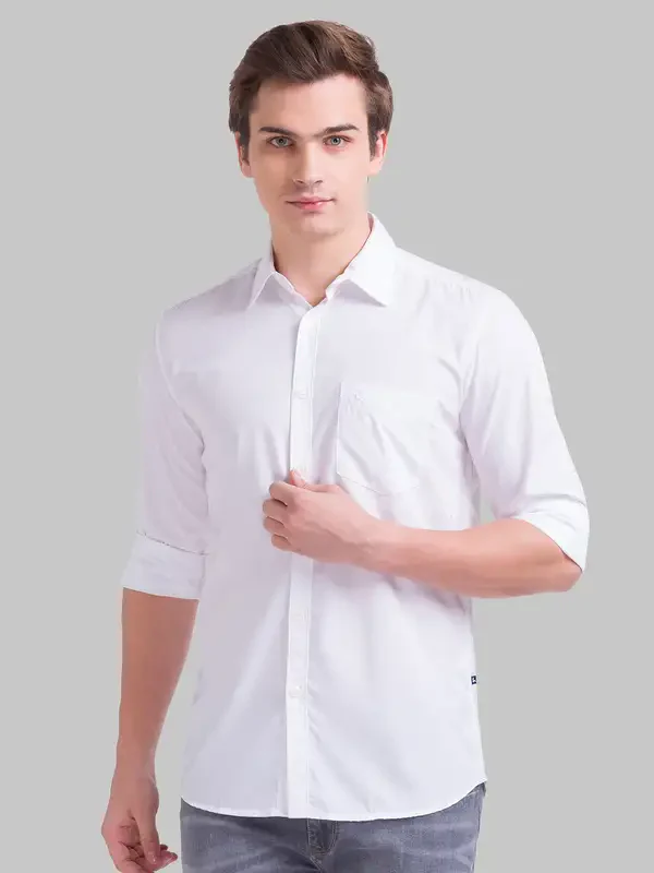 Men White Slim Fit Solid Polyester Blend Full Sleeve Shirts