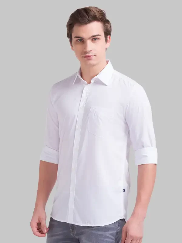 Men White Slim Fit Solid Polyester Blend Full Sleeve Shirts - Image 3