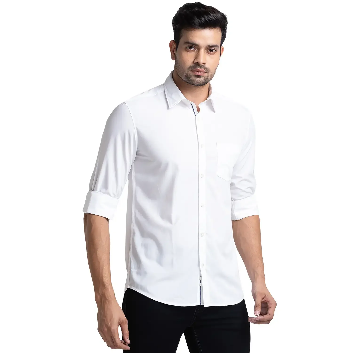 Men White Slim Fit Solid Polyester Blend Full Sleeve Shirts - Image 2