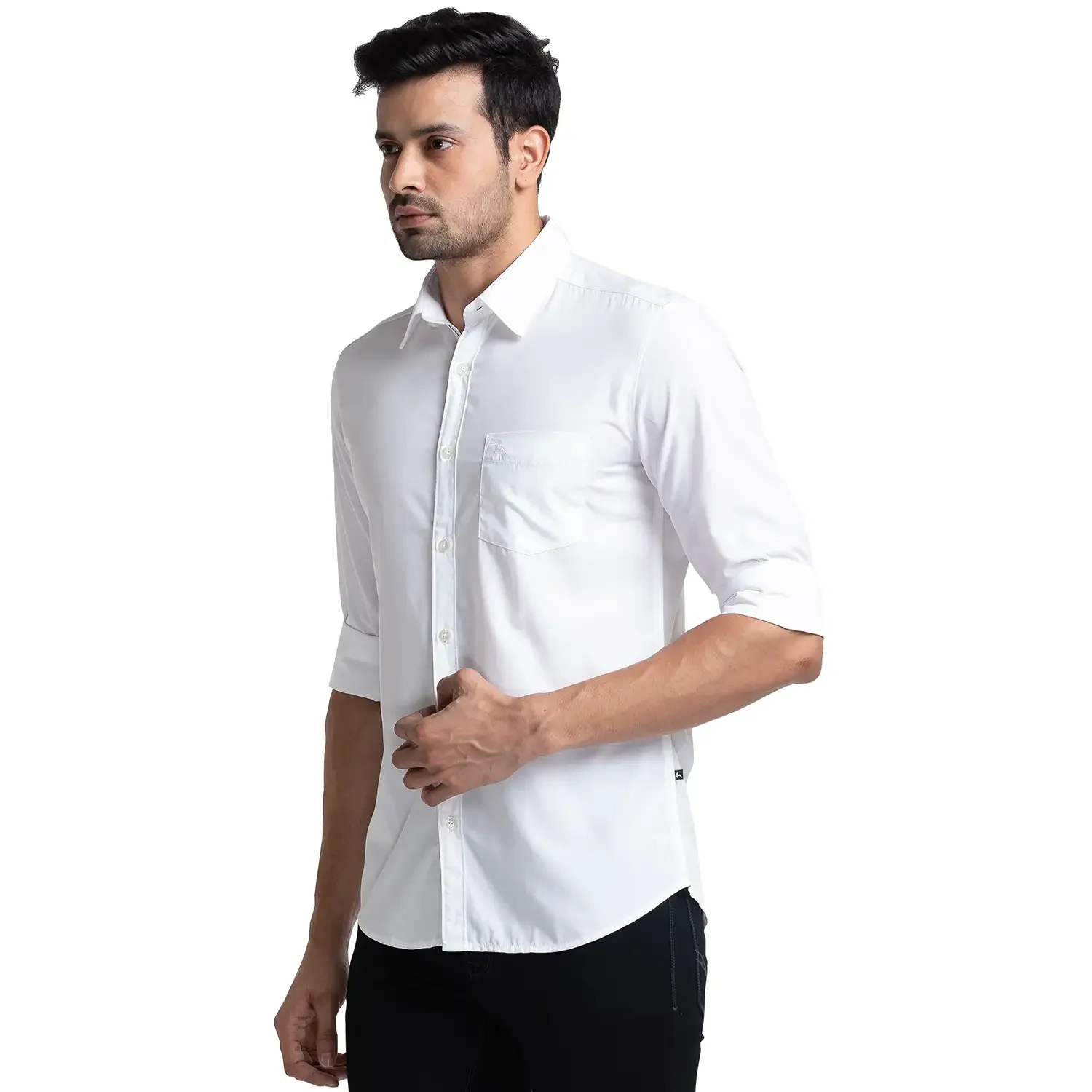 Men White Slim Fit Solid Polyester Blend Full Sleeve Shirts - Image 3