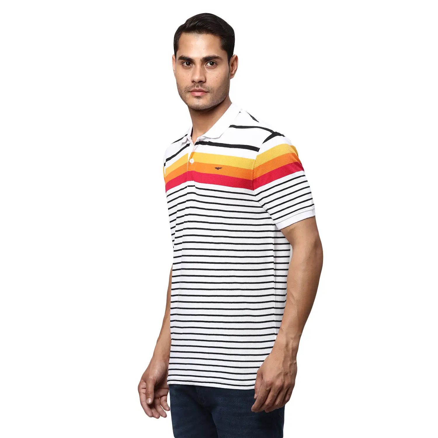 Men White Slim Fit Stripe Cotton Polyester Blend Round Neck Collar Polo T-Shirt - Image 3
