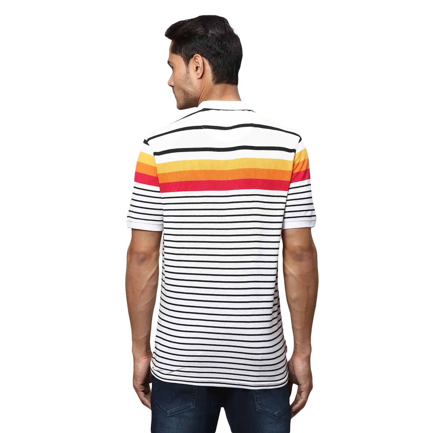 Men White Slim Fit Stripe Cotton Polyester Blend Round Neck Collar Polo T-Shirt - Image 4