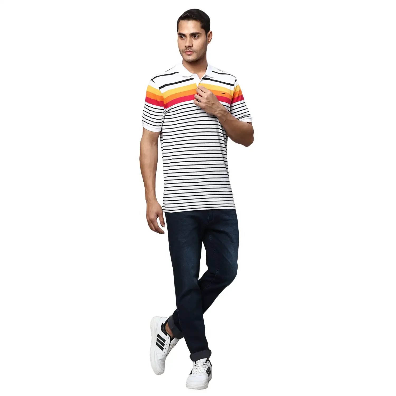 Men White Slim Fit Stripe Cotton Polyester Blend Round Neck Collar Polo T-Shirt - Image 5