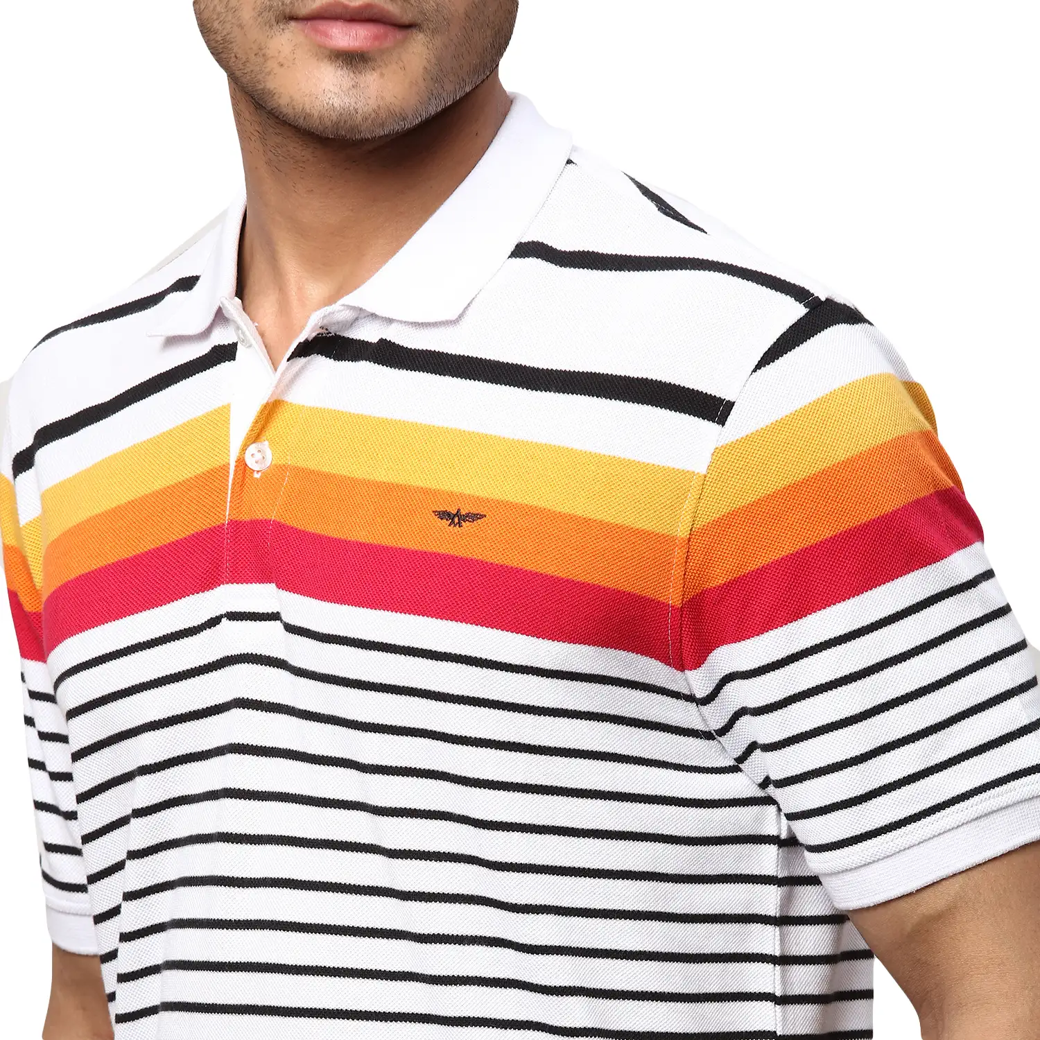 Men White Slim Fit Stripe Cotton Polyester Blend Round Neck Collar Polo T-Shirt - Image 6