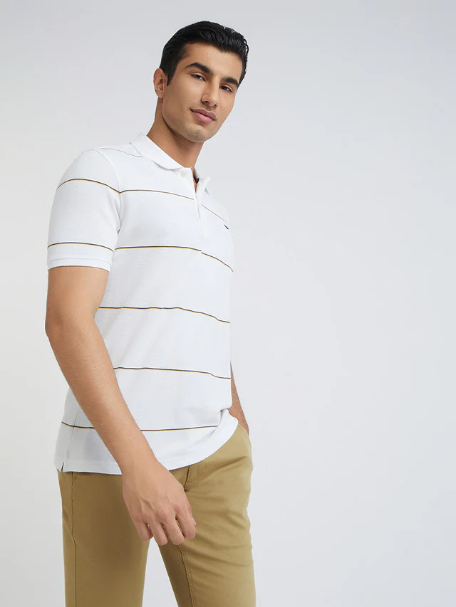 Men White Slim Fit Stripe Cotton Polyester Blend Round Neck Collar Polo T-Shirt - Image 2
