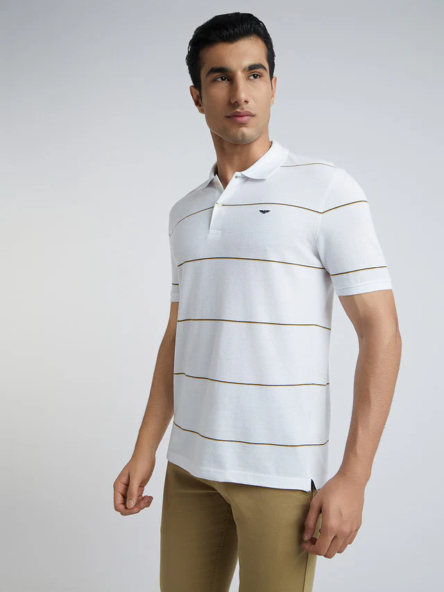 Men White Slim Fit Stripe Cotton Polyester Blend Round Neck Collar Polo T-Shirt - Image 3