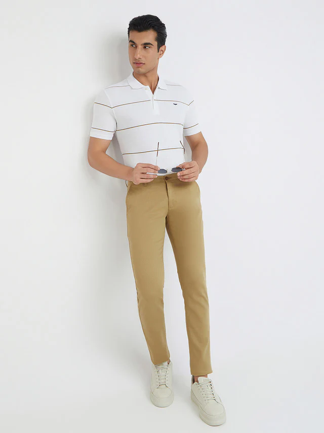 Men White Slim Fit Stripe Cotton Polyester Blend Round Neck Collar Polo T-Shirt - Image 6