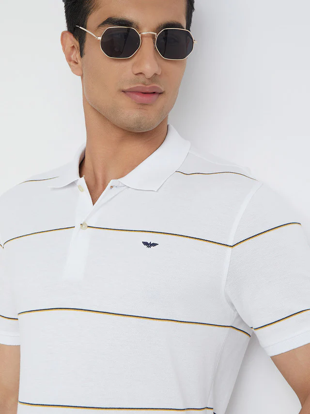 Men White Slim Fit Stripe Cotton Polyester Blend Round Neck Collar Polo T-Shirt - Image 7