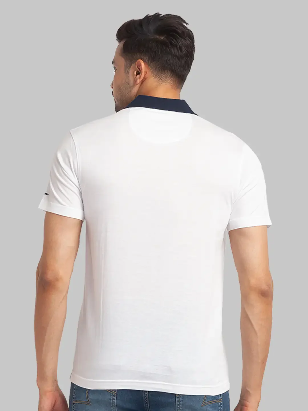 Men White Slim Fit Stripe Cotton Round Neck Collar Polo T-Shirt - Image 4