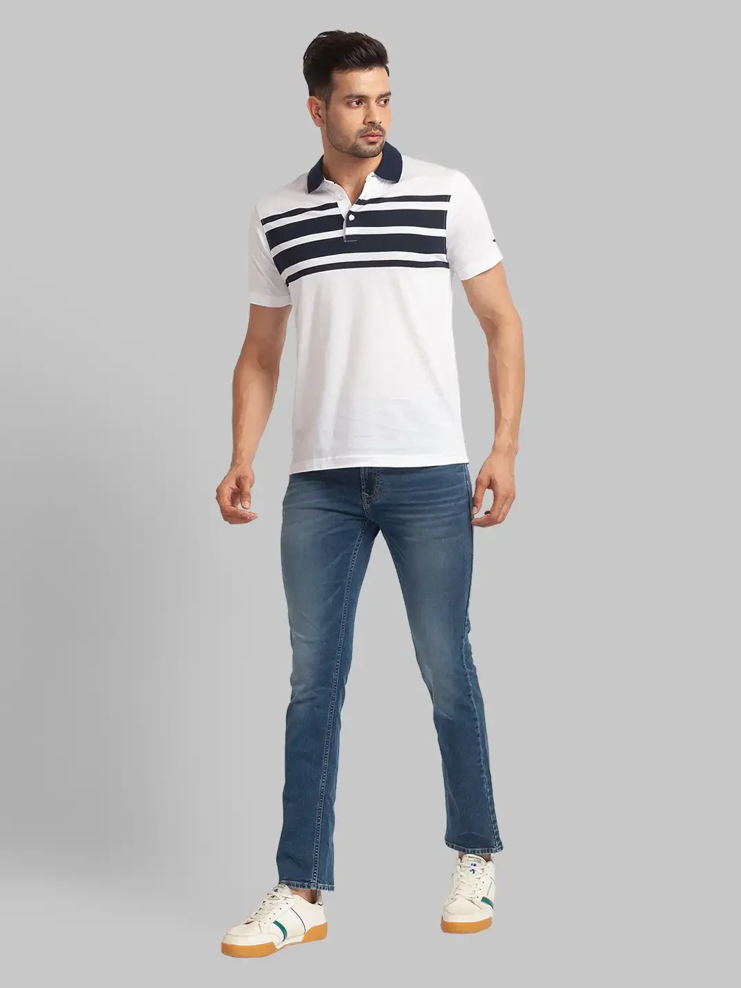 Men White Slim Fit Stripe Cotton Round Neck Collar Polo T-Shirt - Image 5