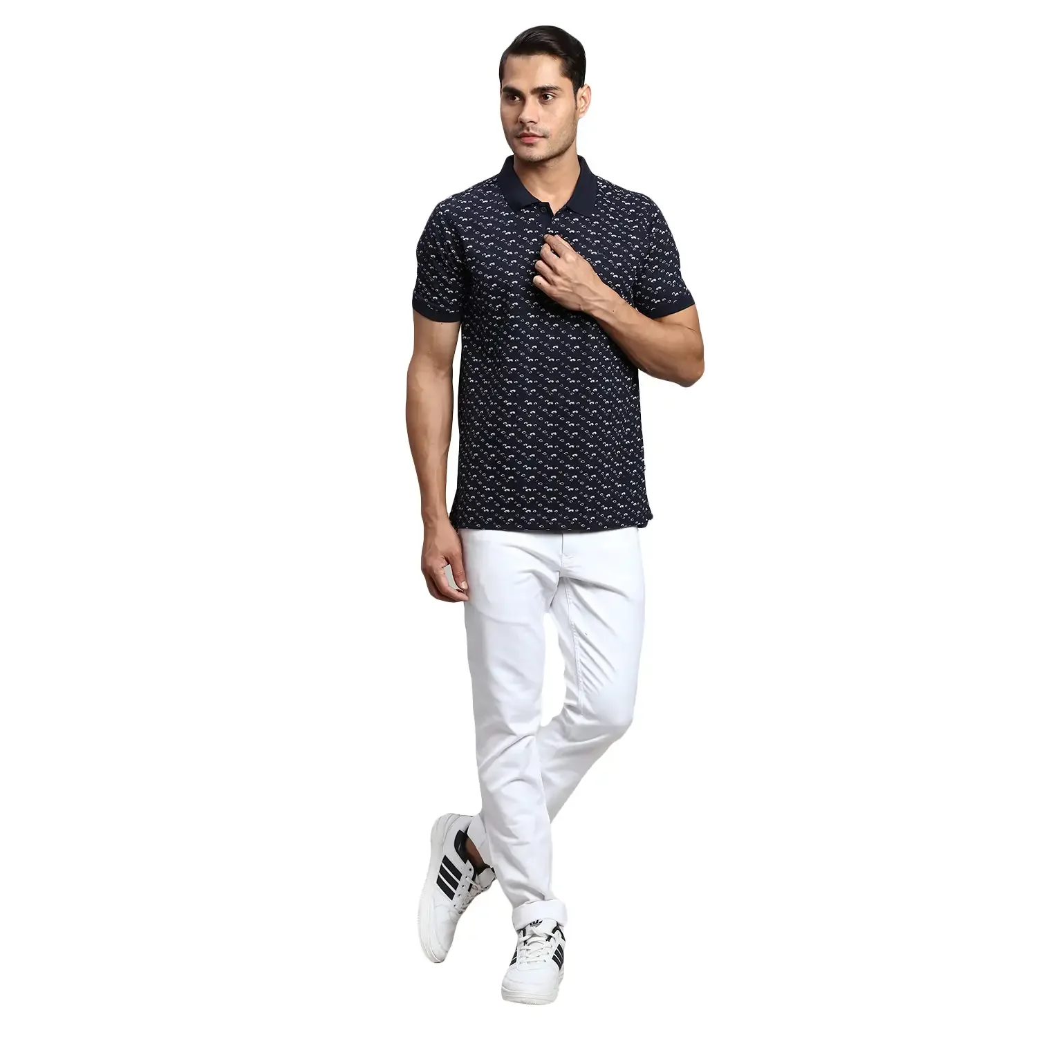 Men White Slim Tapered Fit Jacquard Cotton Blend Jeans - Image 5