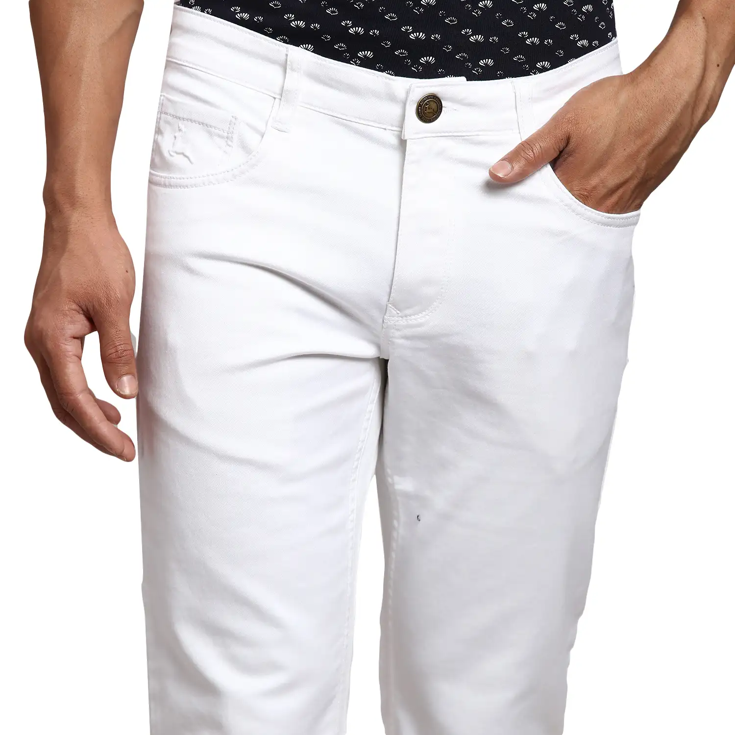 Men White Slim Tapered Fit Jacquard Cotton Blend Jeans - Image 6