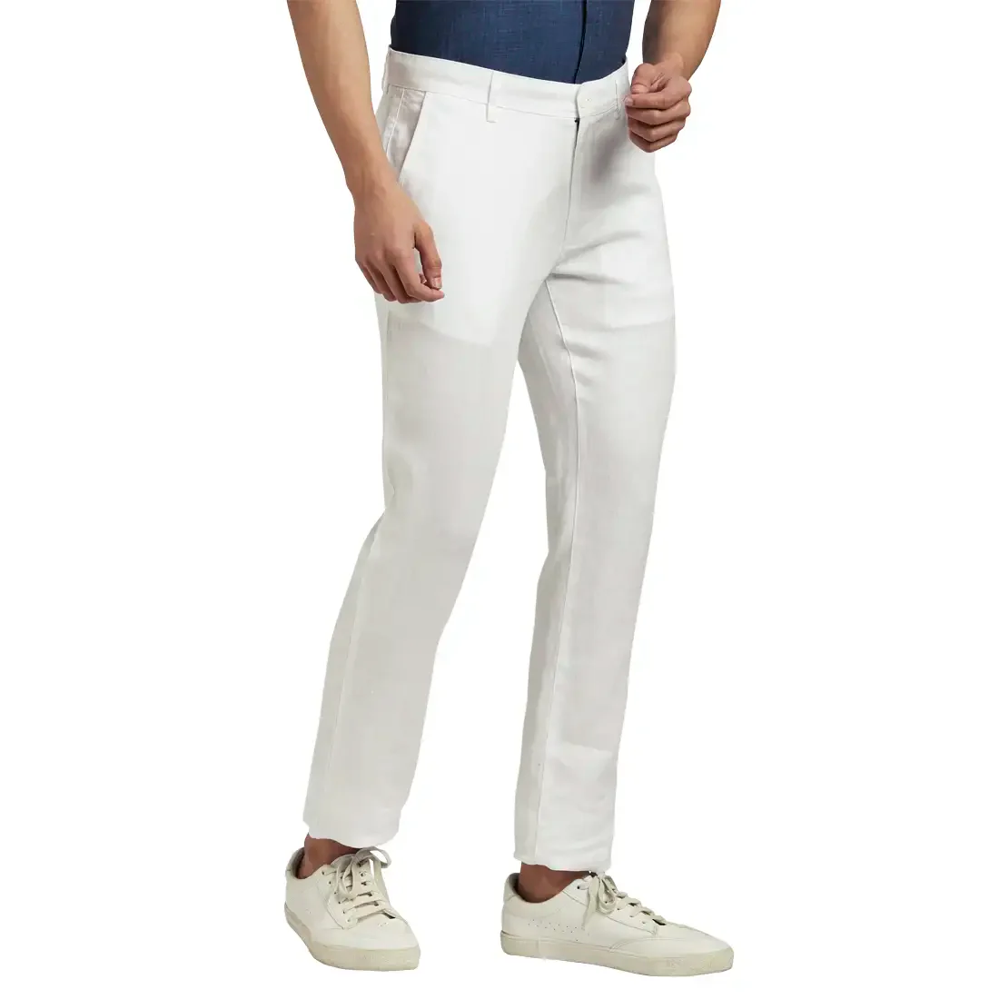 Men White Slim Tapered Fit Yarn Dyed Linen Trouser - Image 2