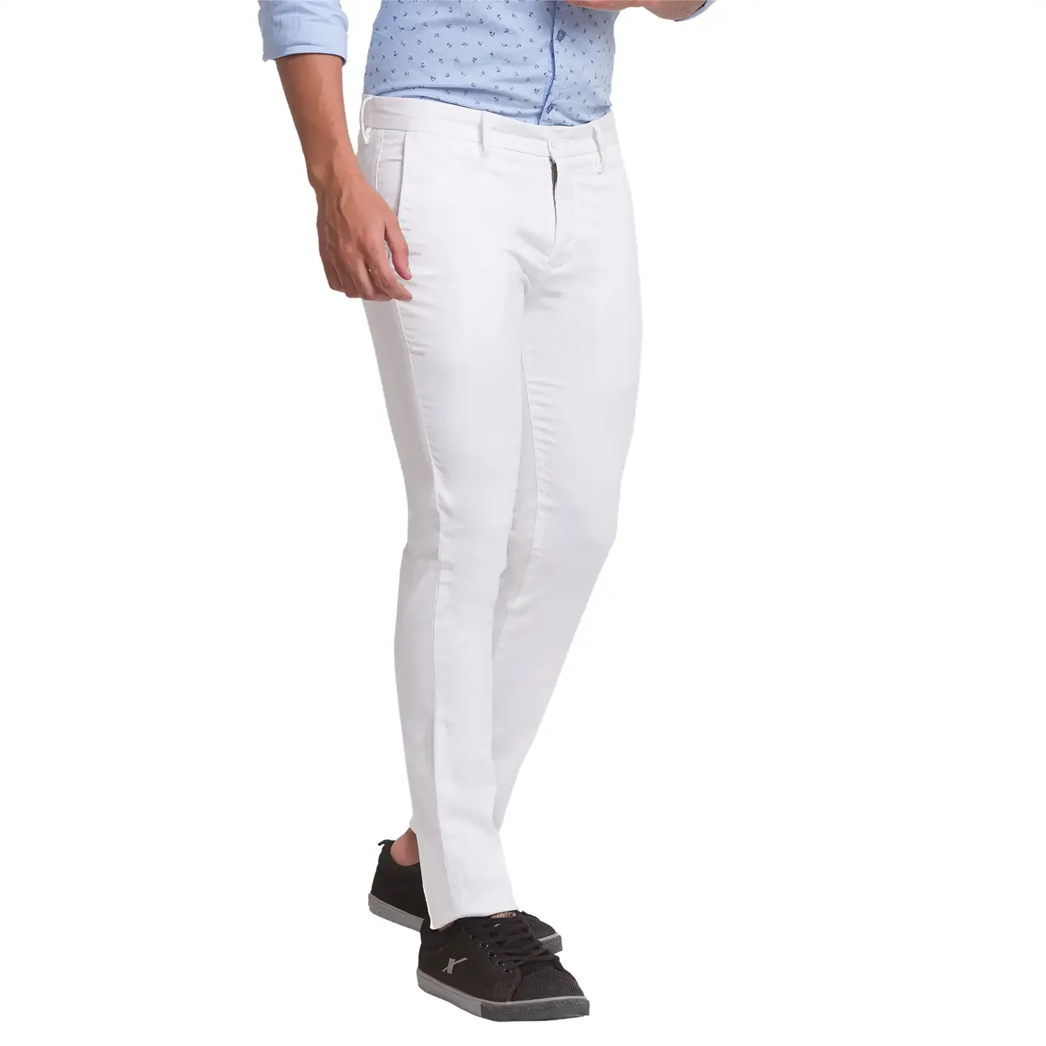 Men White Super Slim Fit Solid Cotton Blend Trouser - Image 2