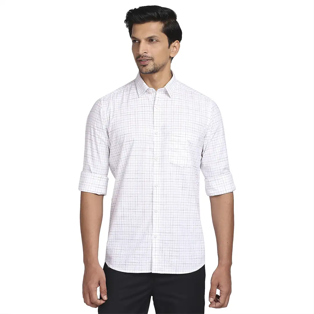 Men White Tailored Fit Checks Cotton Full Sleeve Shirts