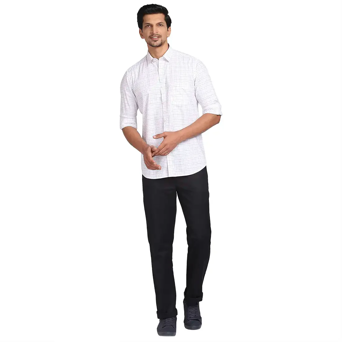 Men White Tailored Fit Checks Cotton Full Sleeve Shirts - Image 5