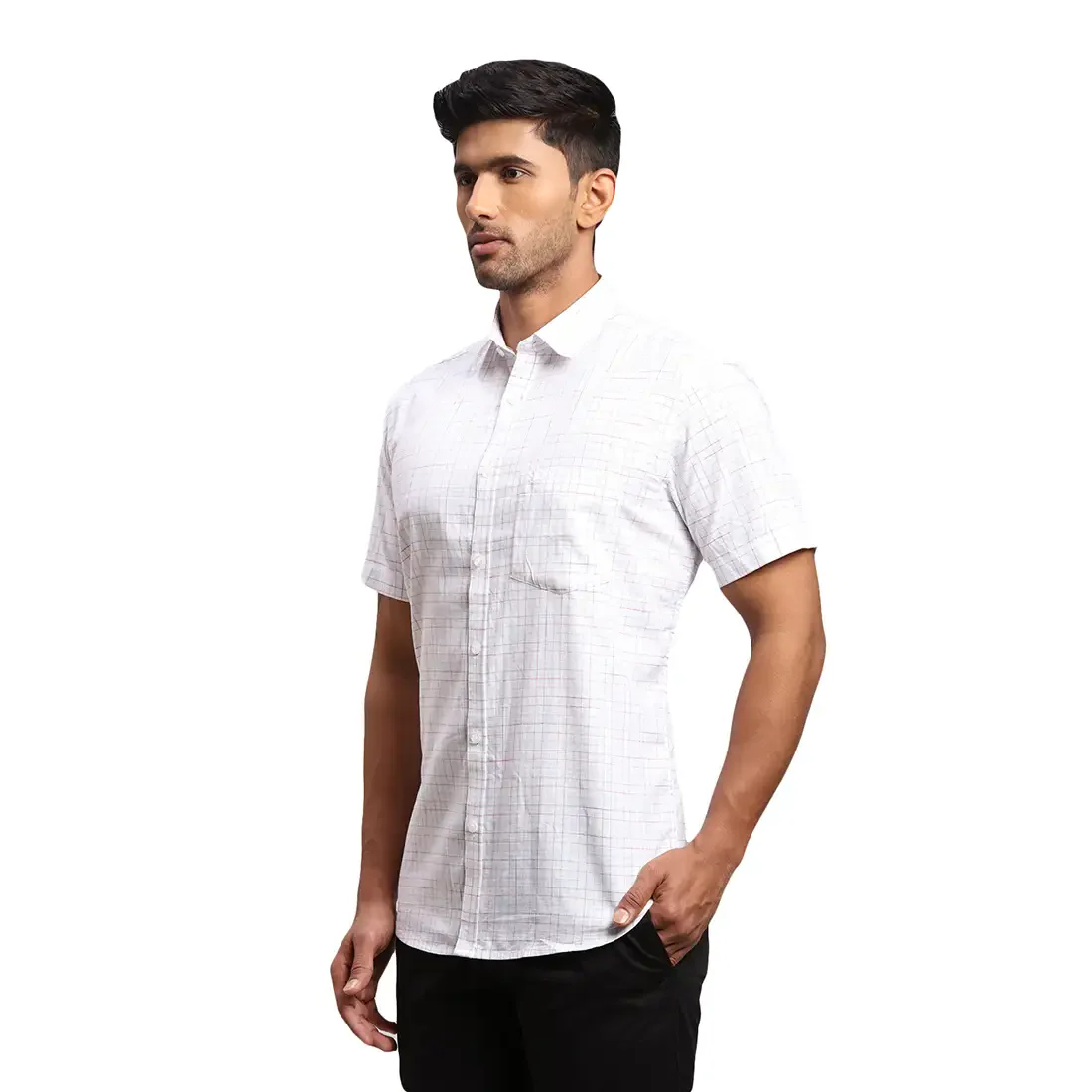 Men White Tailored Fit Checks Cotton Half Sleeve Shirts - Image 3