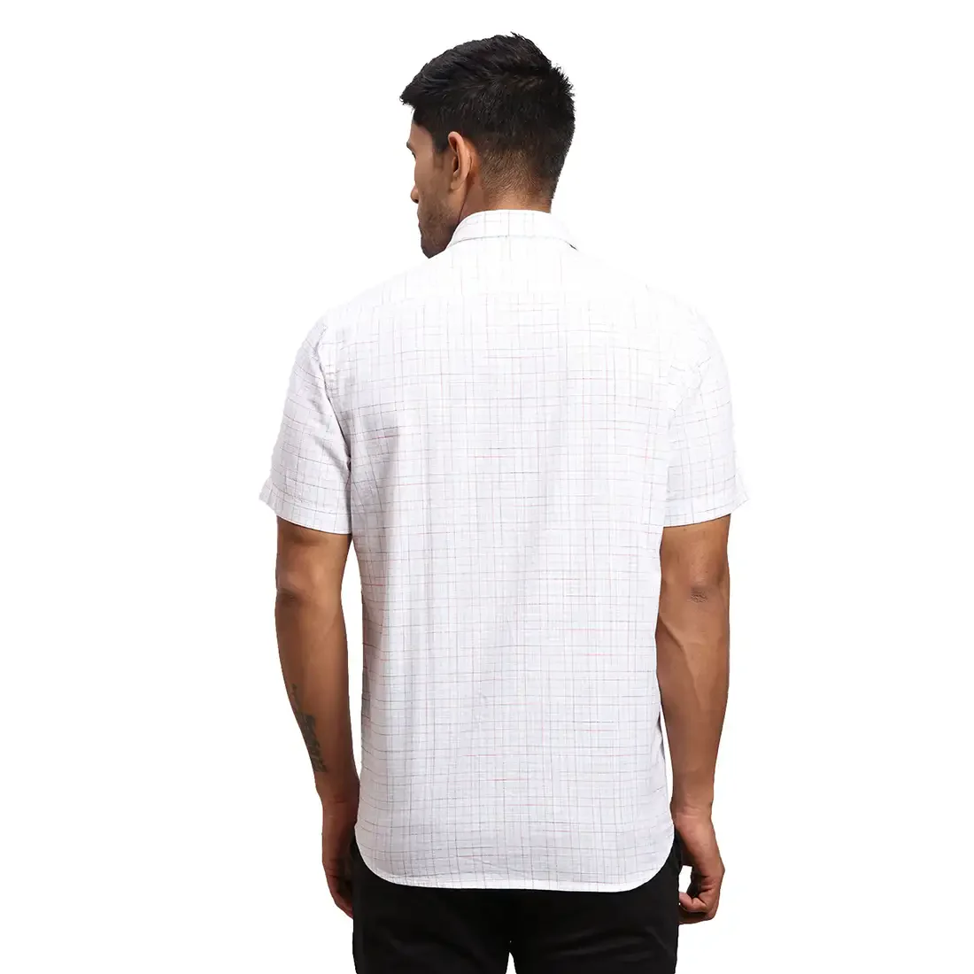 Men White Tailored Fit Checks Cotton Half Sleeve Shirts - Image 4