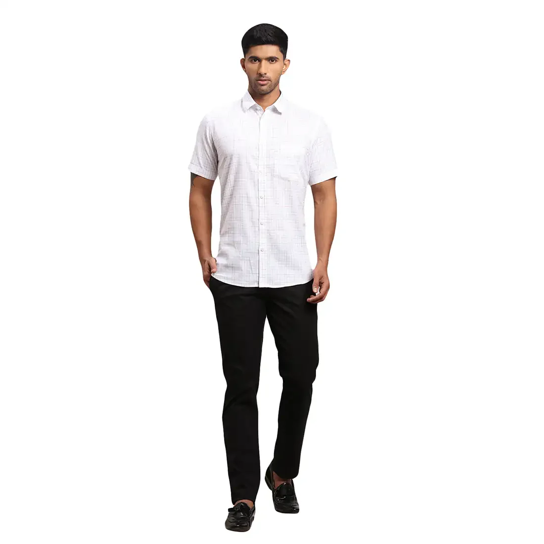 Men White Tailored Fit Checks Cotton Half Sleeve Shirts - Image 5