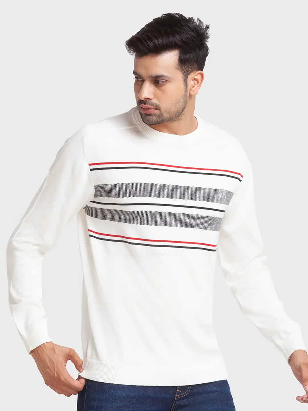 Men White Tailored Fit Jacquard Cotton Full Sleeve Round Collar Sweaters - Image 2