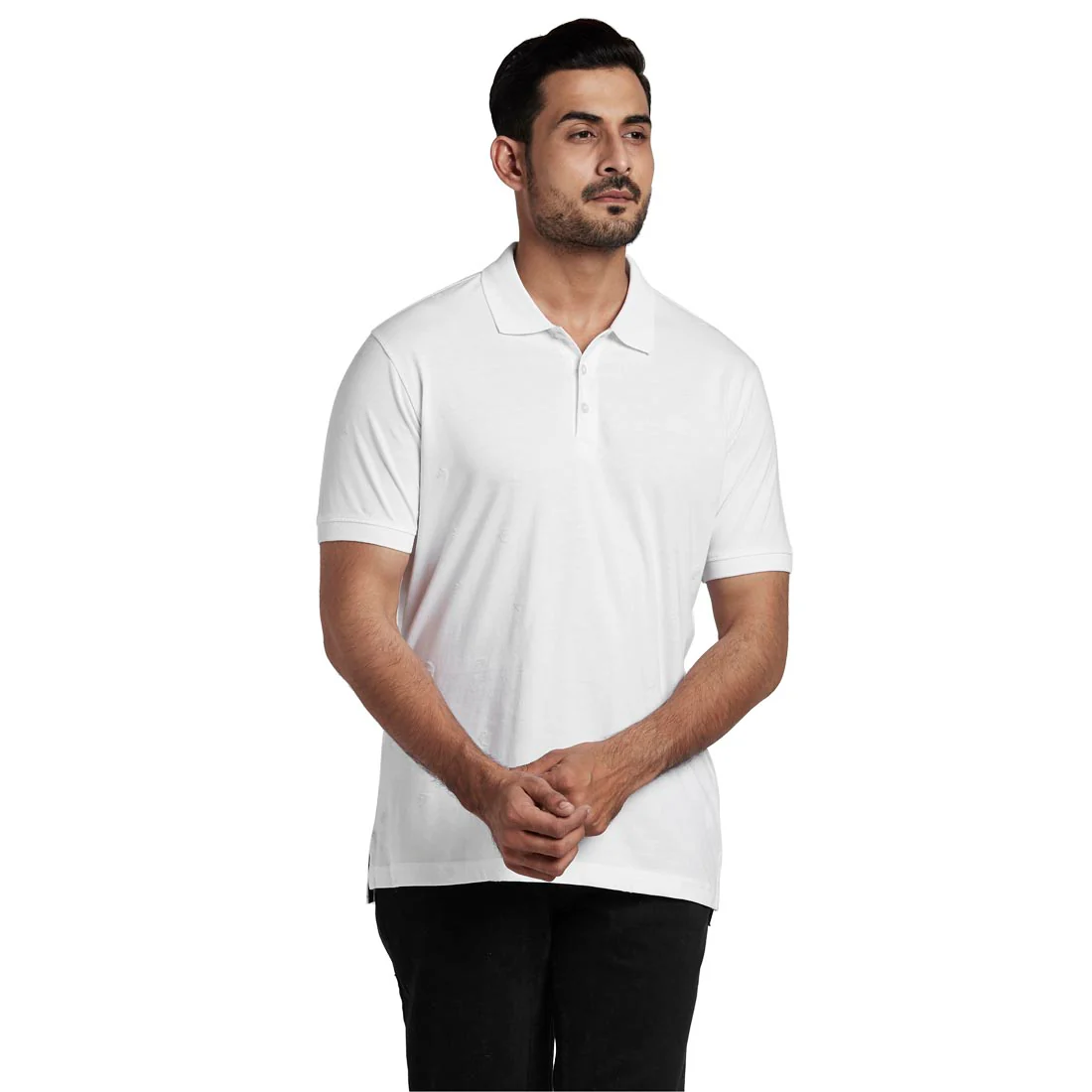 Men White Tailored Fit Print Cotton Half Sleeve Round Neck Collar Polo T-Shirt
