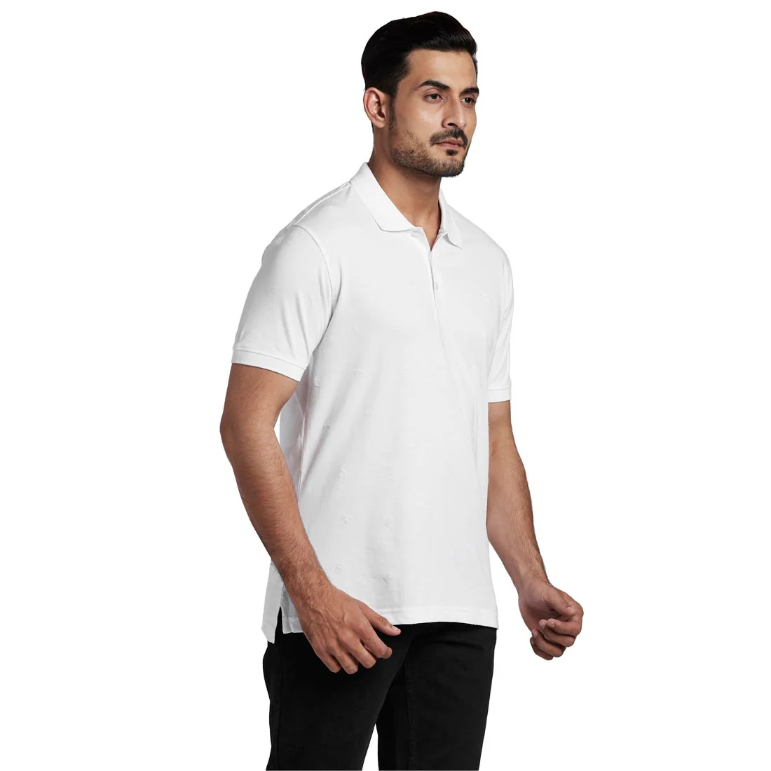 Men White Tailored Fit Print Cotton Half Sleeve Round Neck Collar Polo T-Shirt - Image 2
