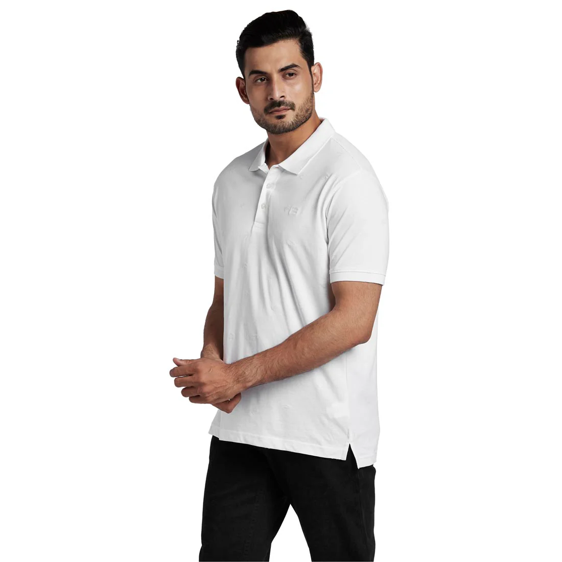 Men White Tailored Fit Print Cotton Half Sleeve Round Neck Collar Polo T-Shirt - Image 3
