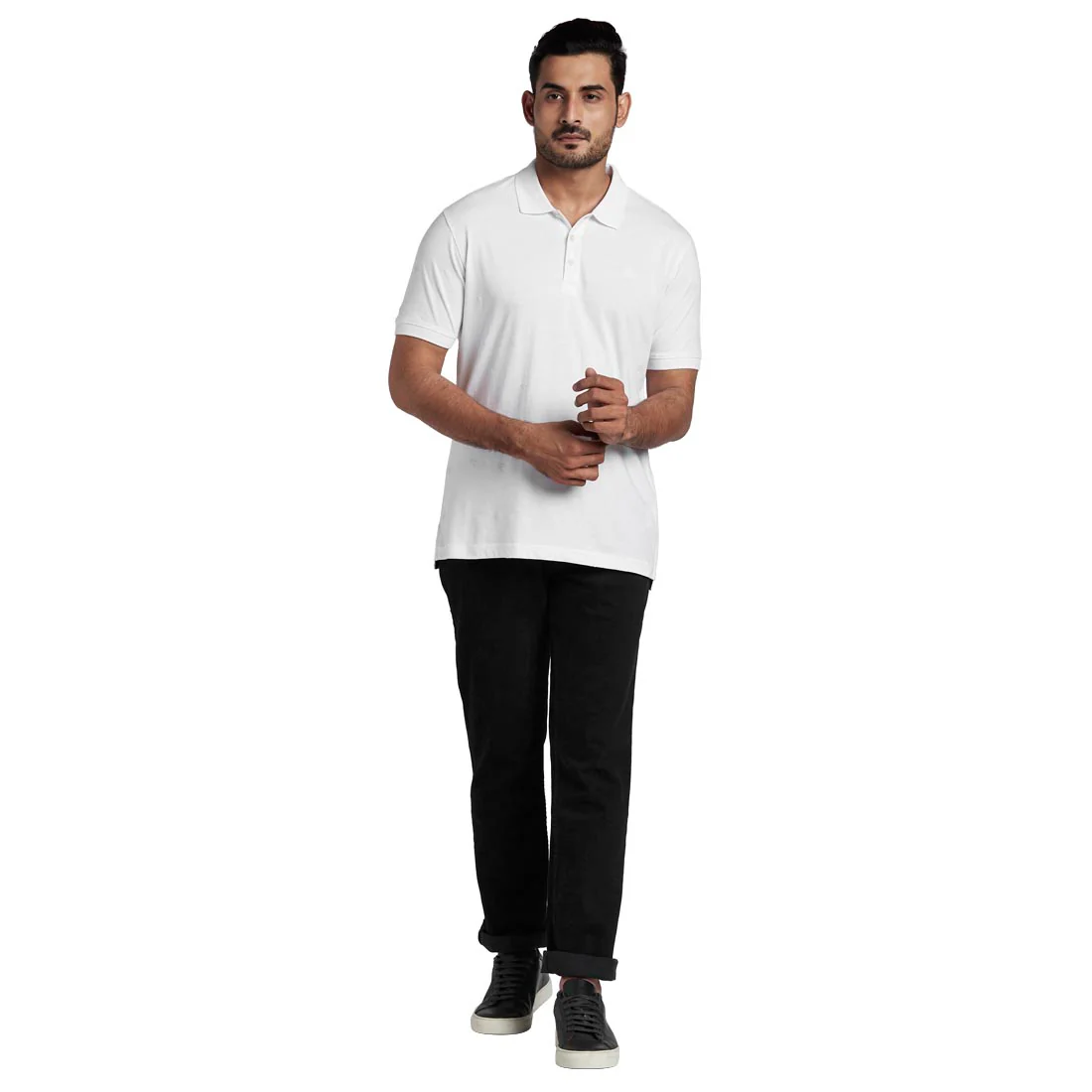 Men White Tailored Fit Print Cotton Half Sleeve Round Neck Collar Polo T-Shirt - Image 5
