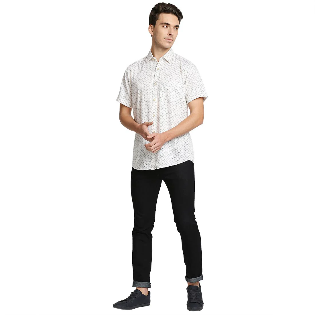 Men White Tailored Fit Print Cotton Half Sleeve Shirts - Image 5