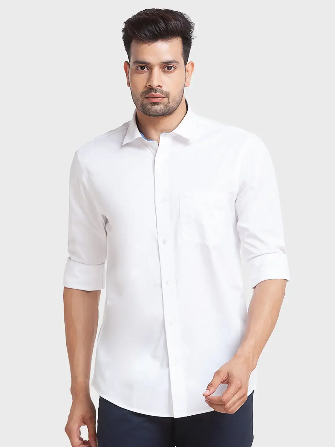 Men White Tailored Fit Solid Cotton Full Sleeve Shirts - Image 6