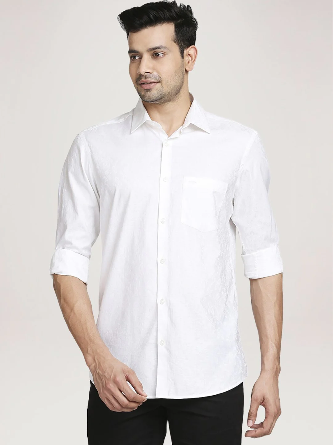 Men White Tailored Fit Solid Cotton Full Sleeve Shirts - Image 6