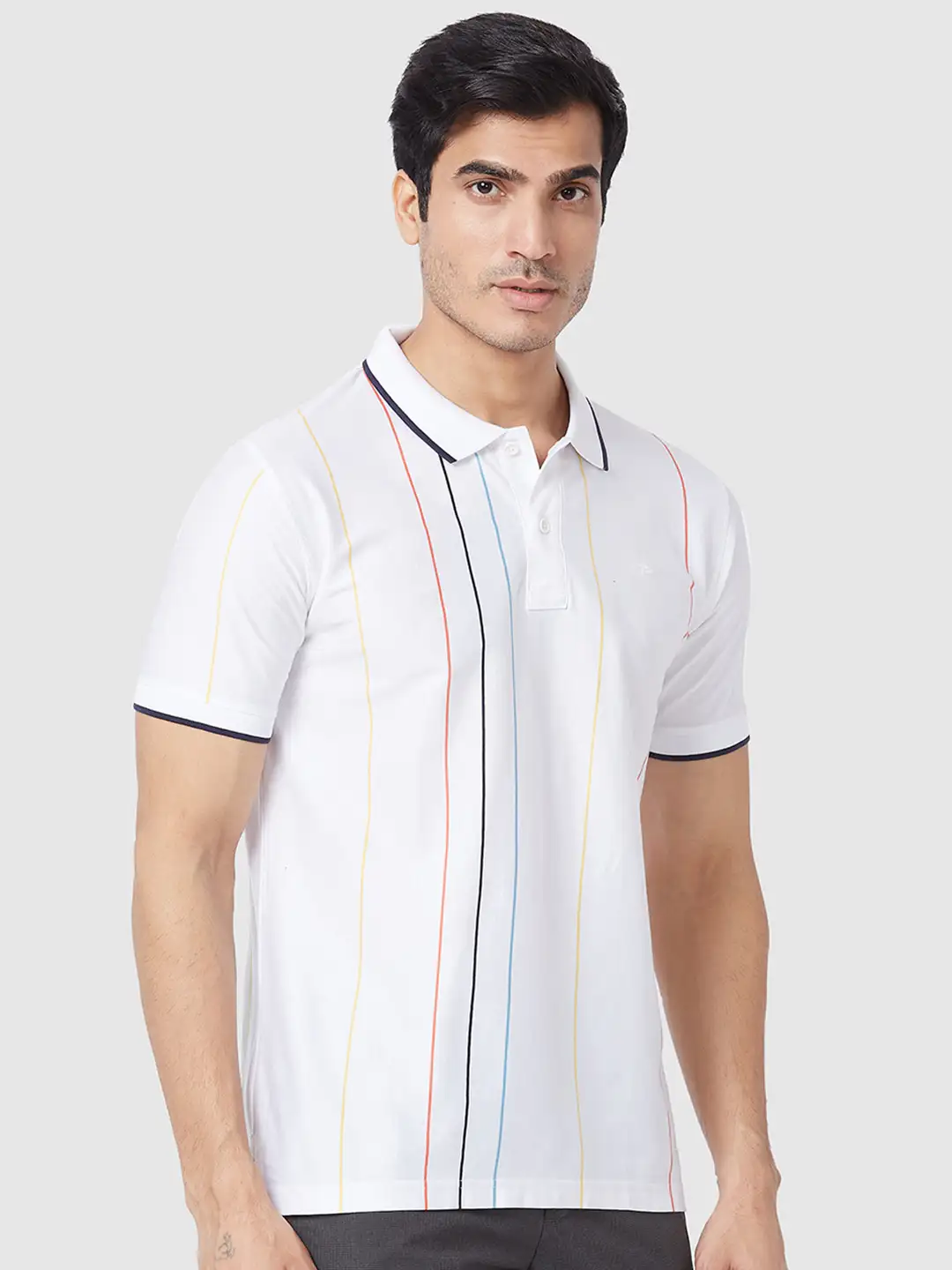 Men White Tailored Fit Stripe Cotton Half Sleeve T-Shirt - Image 2