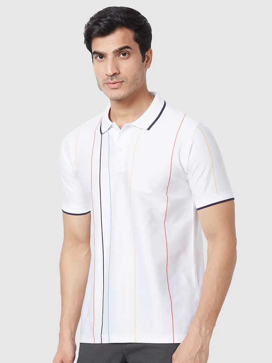 Men White Tailored Fit Stripe Cotton Half Sleeve T-Shirt - Image 3