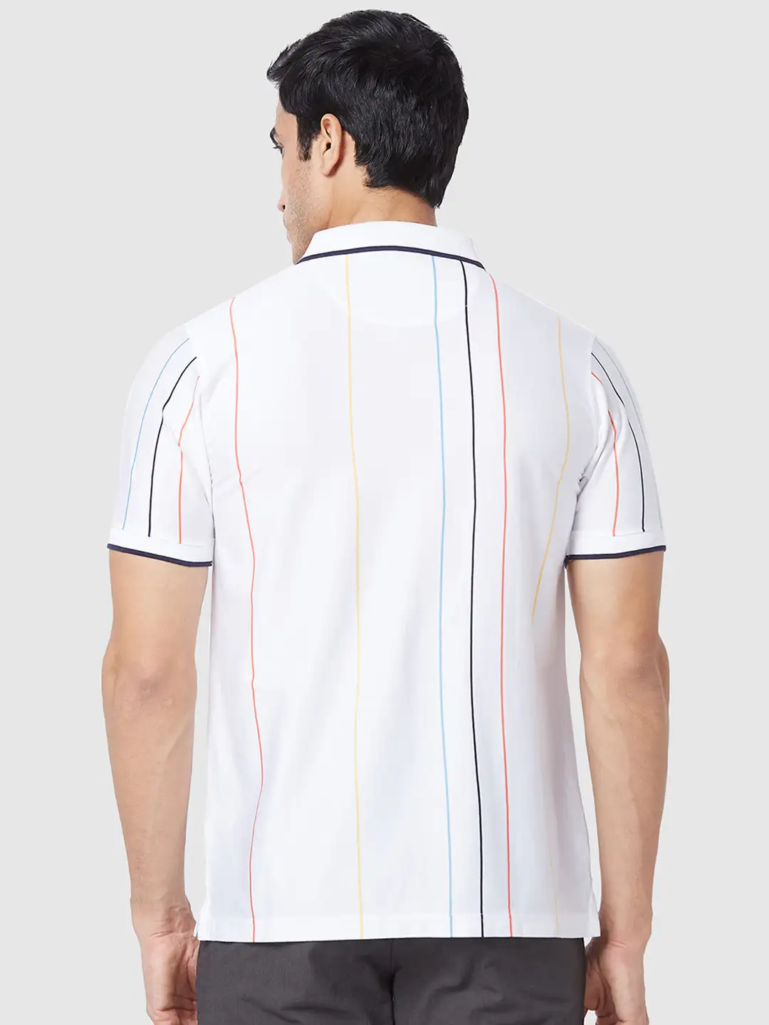 Men White Tailored Fit Stripe Cotton Half Sleeve T-Shirt - Image 4