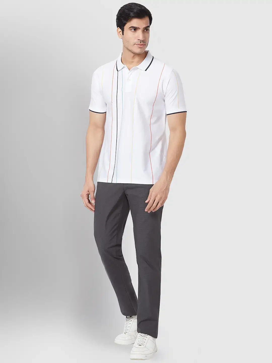 Men White Tailored Fit Stripe Cotton Half Sleeve T-Shirt - Image 5