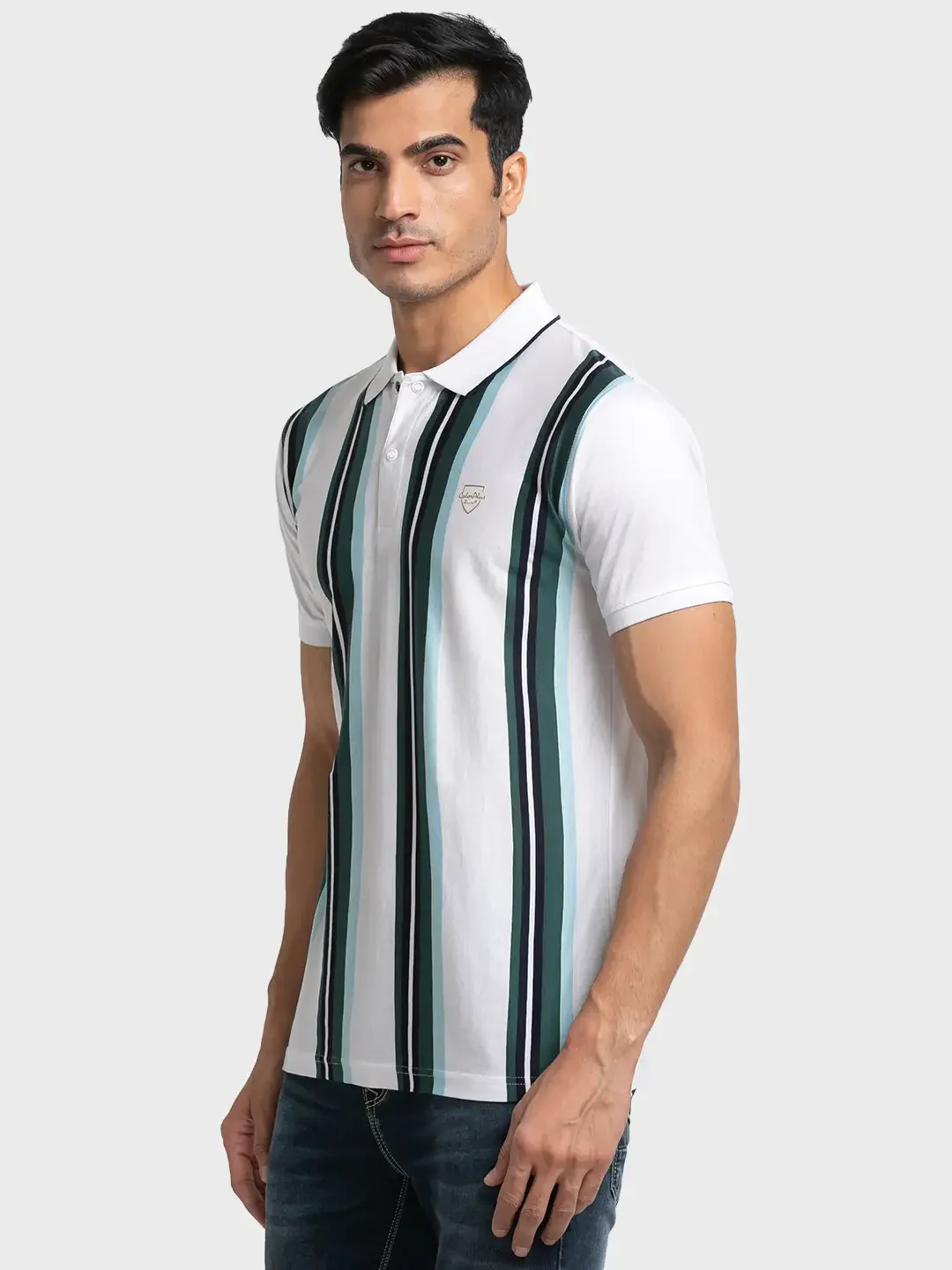 Colorplus Men White Tailored Fit Stripe Polo Neck Collar T-Shirt - Image 3
