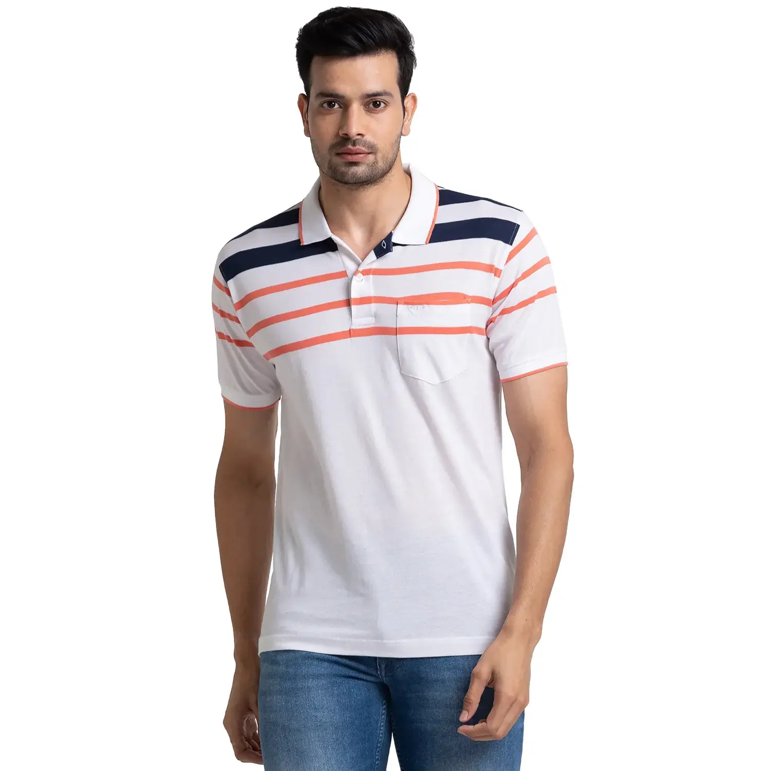 Men White Tailored Fit Stripe Cotton Half Sleeve T-Shirt