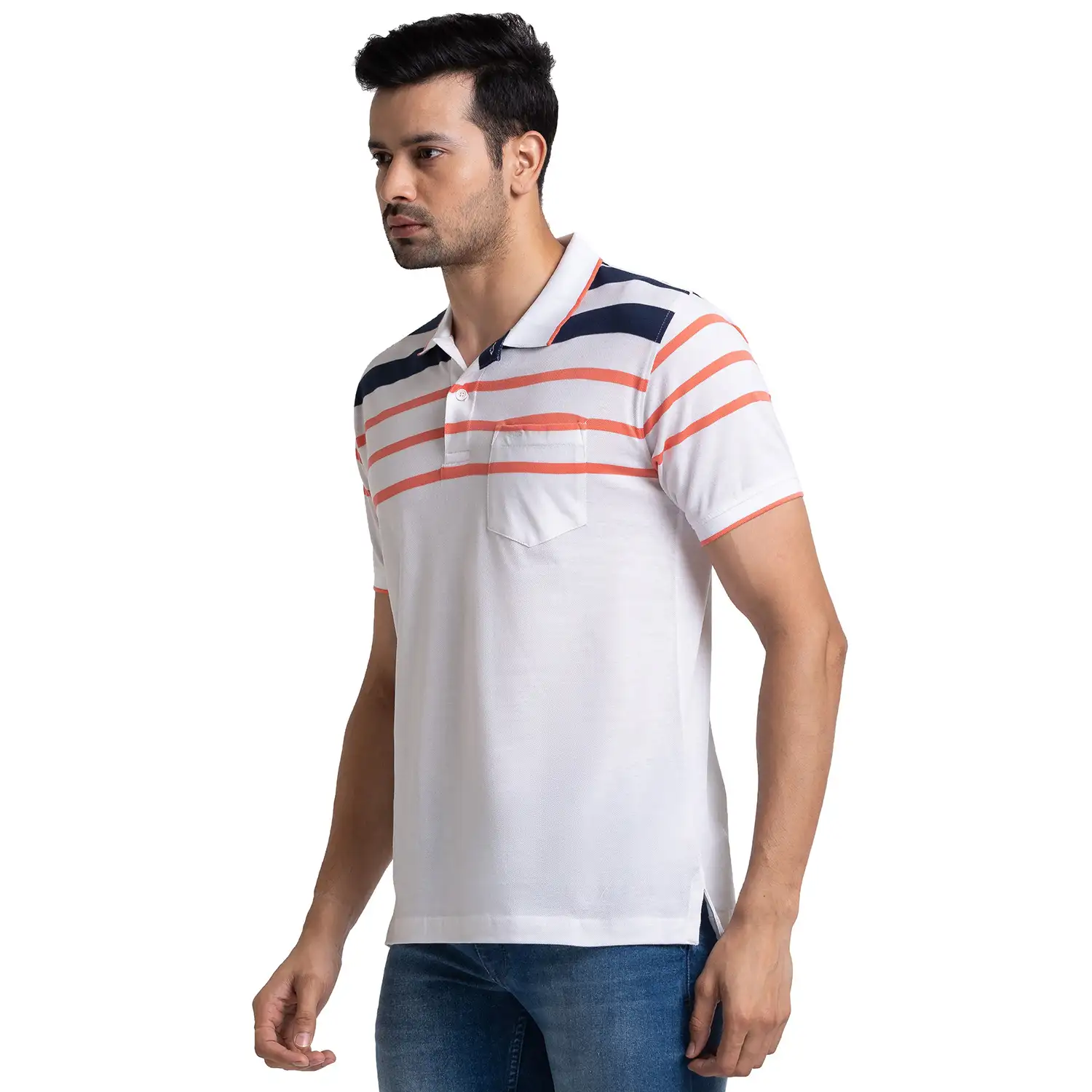 Men White Tailored Fit Stripe Cotton Half Sleeve T-Shirt - Image 3