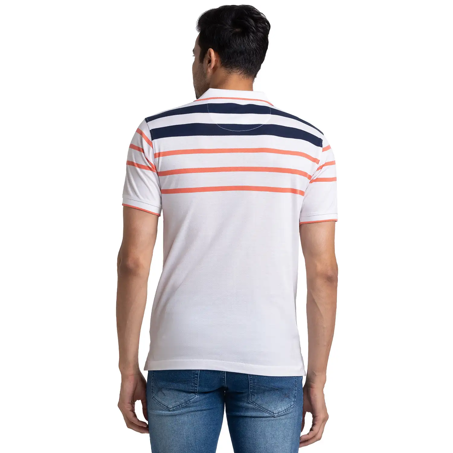 Men White Tailored Fit Stripe Cotton Half Sleeve T-Shirt - Image 4